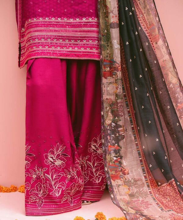3 Piece - Embroidered Raw Silk Suit (Stitched)