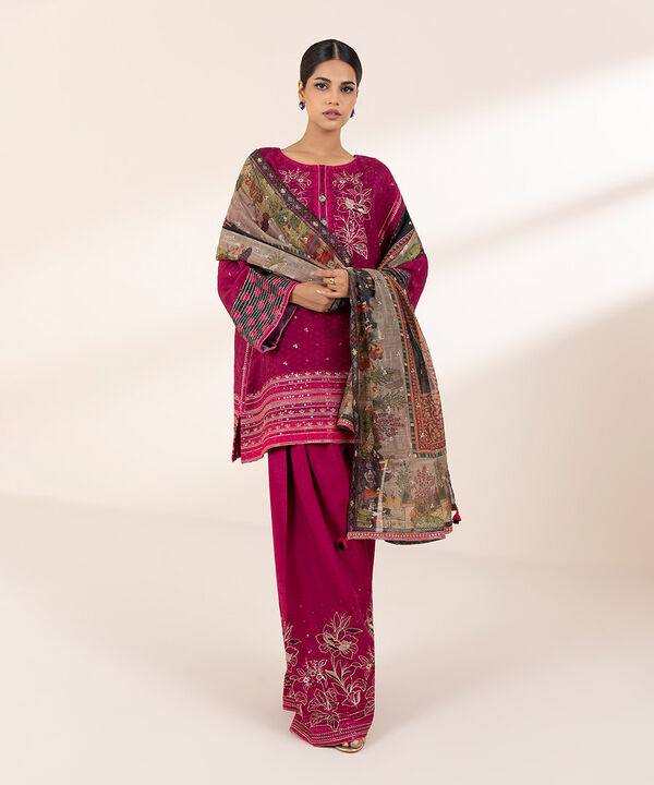 3 Piece - Embroidered Raw Silk Suit (Stitched)