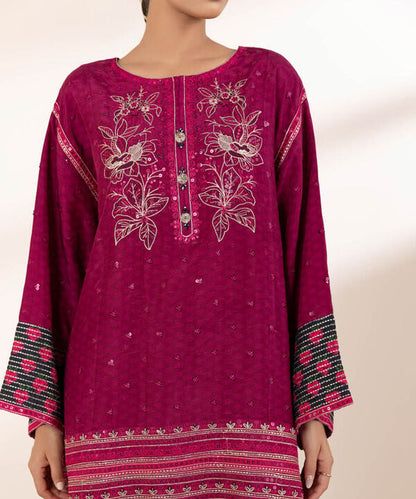 3 Piece - Embroidered Raw Silk Suit (Stitched)