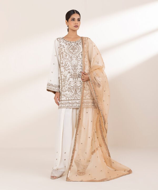 3 Piece - Embroidered Cotton Net Suit (Stitched)
