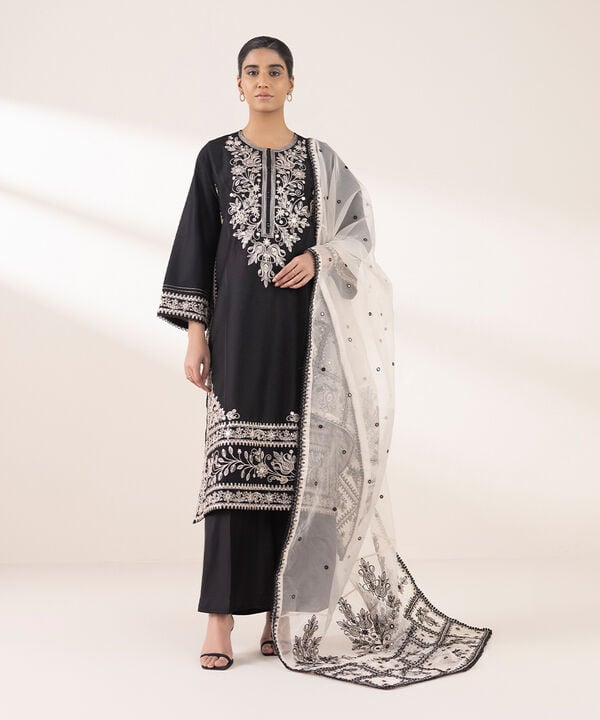 3 Piece - Embroidered Cotton Net Suit (Stitched)