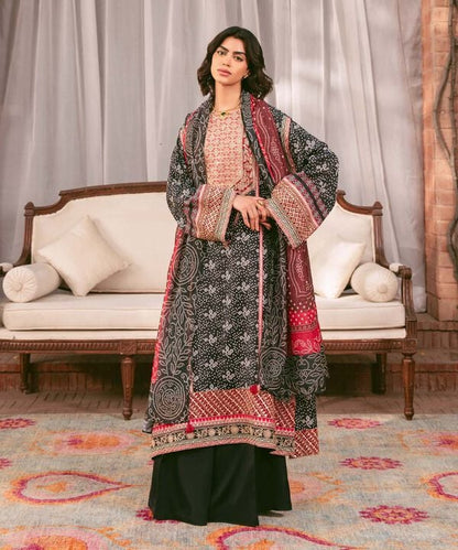 3 Piece - Embroidered Raw Silk Suit (Stitched)
