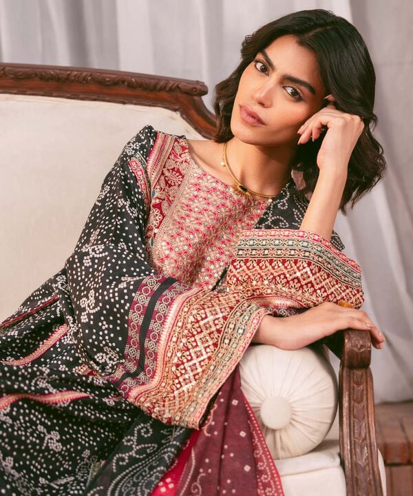 3 Piece - Embroidered Raw Silk Suit (Stitched)