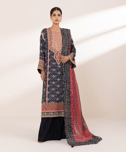 3 Piece - Embroidered Raw Silk Suit (Stitched)