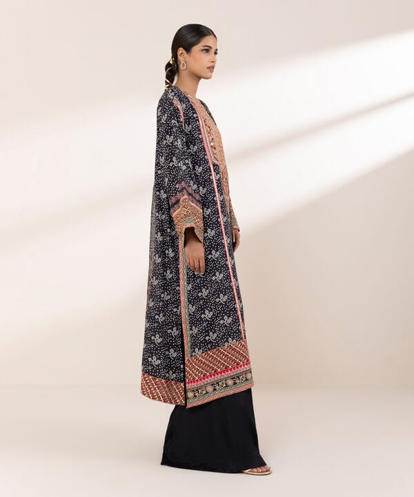 3 Piece - Embroidered Raw Silk Suit (Stitched)