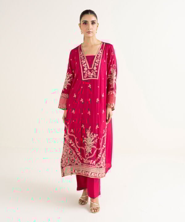 2 Piece - Embroidered Raw Silk Suit