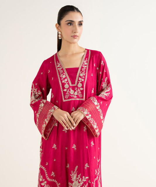 2 Piece - Embroidered Raw Silk Suit