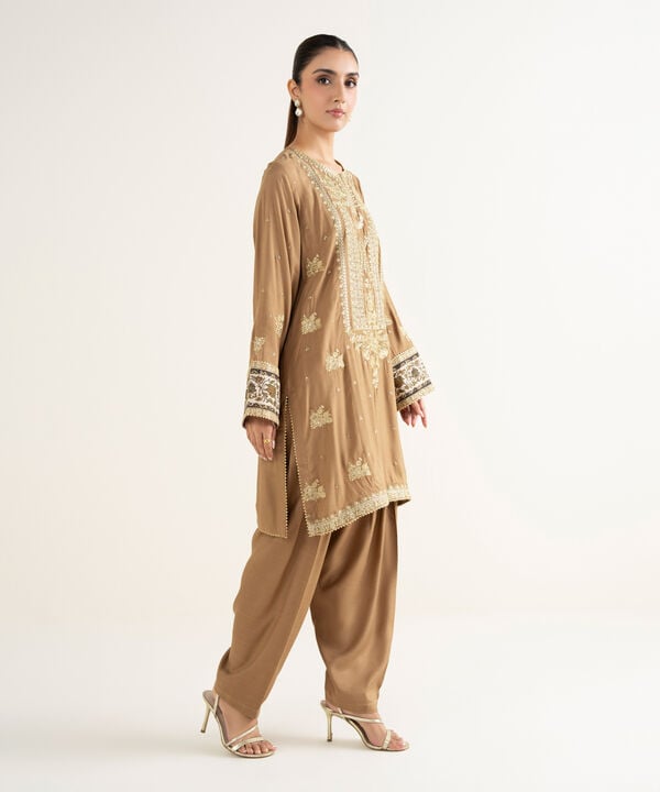 2 Piece - Embroidered Raw Silk Suit