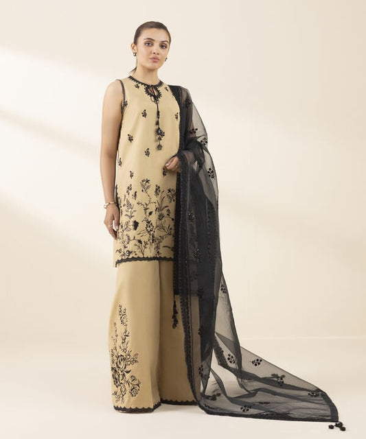 3 Piece - Embroidered Raw Silk Suit (Unstitched)
