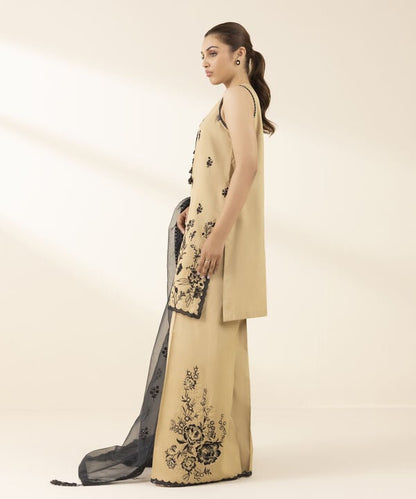 3 Piece - Embroidered Raw Silk Suit (Unstitched)