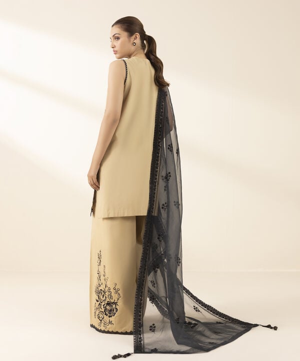 3 Piece - Embroidered Raw Silk Suit (Unstitched)