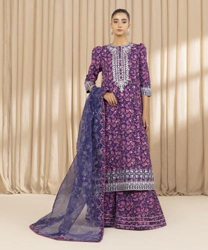 3 Piece - Embroidered Silk Suit (Unstitched)
