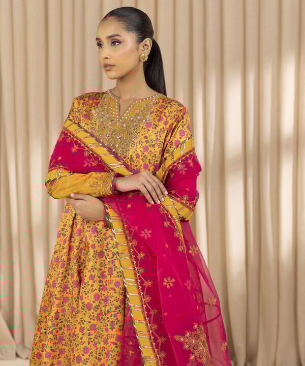 3 Piece - Embroidered Satin Suit (Unstitched)
