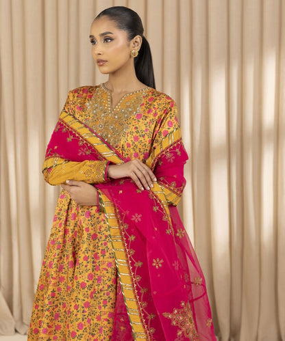 3 Piece - Embroidered Satin Suit (Unstitched)