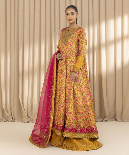 3 Piece - Embroidered Satin Suit (Unstitched)