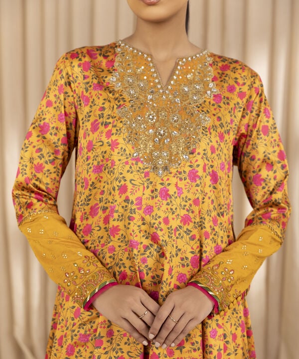 3 Piece - Embroidered Satin Suit (Unstitched)