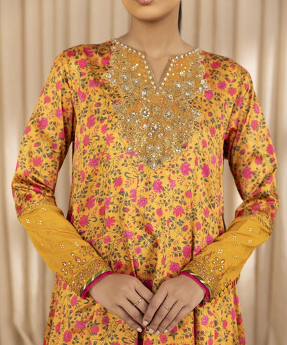 3 Piece - Embroidered Satin Suit (Unstitched)
