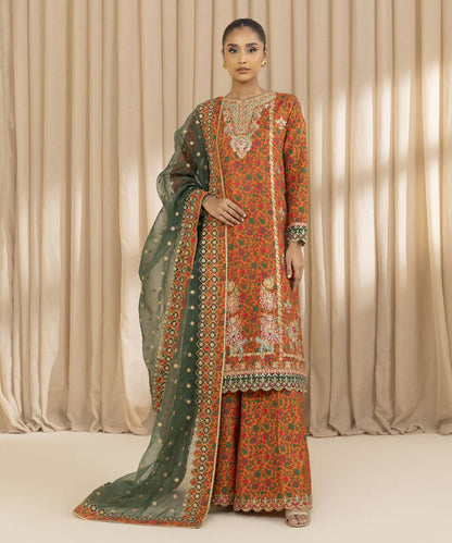 3 Piece - Embroidered Raw Silk Suit (Unstitched)