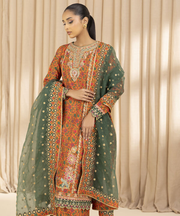3 Piece - Embroidered Raw Silk Suit (Unstitched)