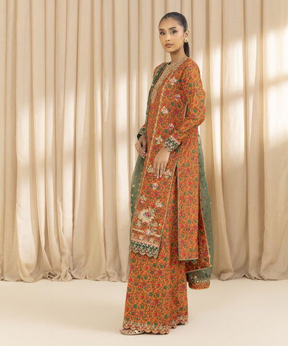 3 Piece - Embroidered Raw Silk Suit (Unstitched)