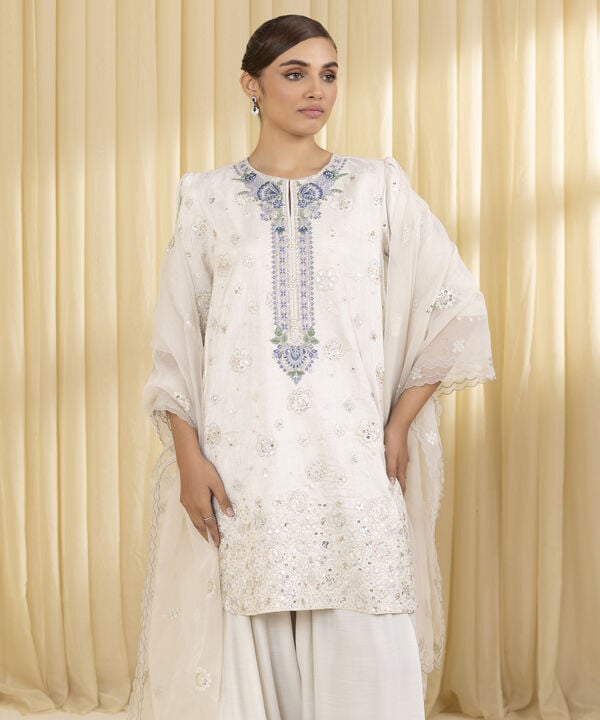 3 Piece - Embroidered Raw Silk Suit (Unstitched)