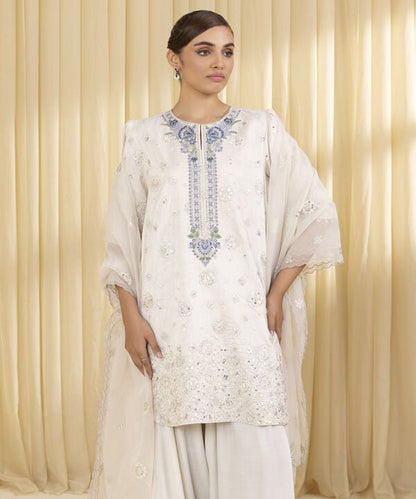 3 Piece - Embroidered Raw Silk Suit (Unstitched)