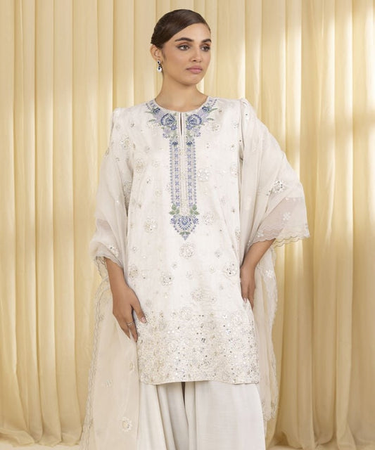3 Piece - Embroidered Raw Silk Suit (Unstitched)
