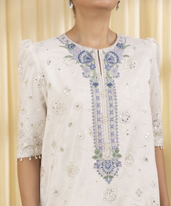 3 Piece - Embroidered Raw Silk Suit (Unstitched)