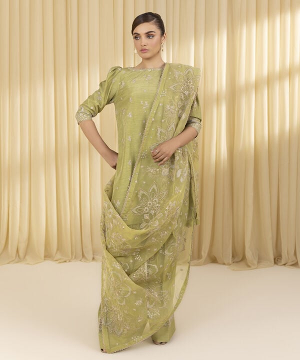 3 Piece - Embroidered Raw Silk Suit (Unstitched)