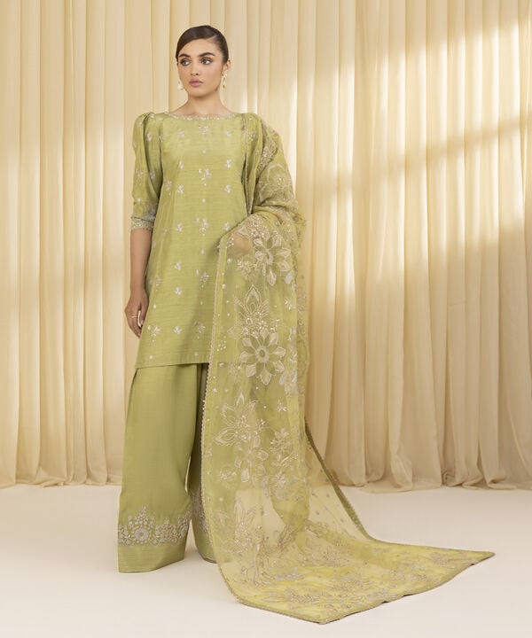 3 Piece - Embroidered Raw Silk Suit (Unstitched)