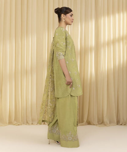 3 Piece - Embroidered Raw Silk Suit (Unstitched)