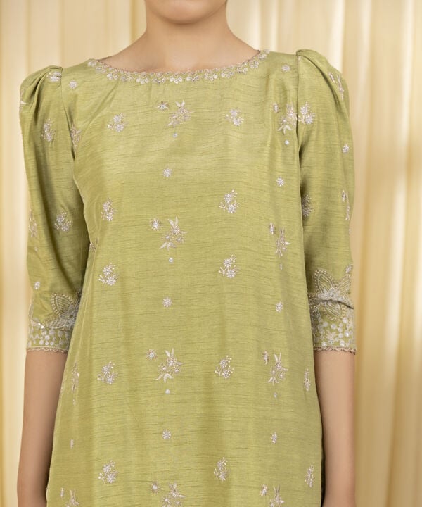3 Piece - Embroidered Raw Silk Suit (Unstitched)