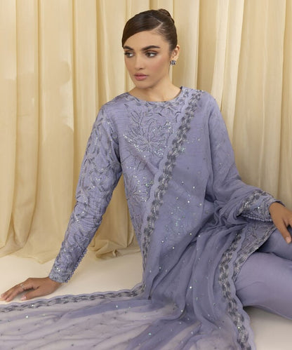 3 Piece - Embroidered Raw Silk Suit (Unstitched)