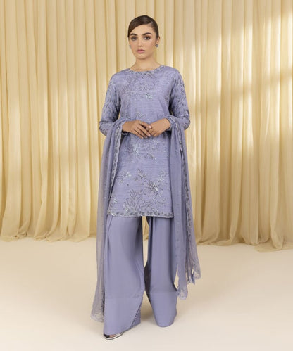 3 Piece - Embroidered Raw Silk Suit (Unstitched)