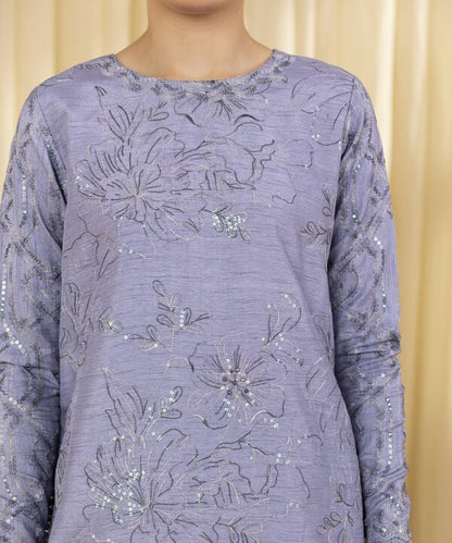 3 Piece - Embroidered Raw Silk Suit (Unstitched)