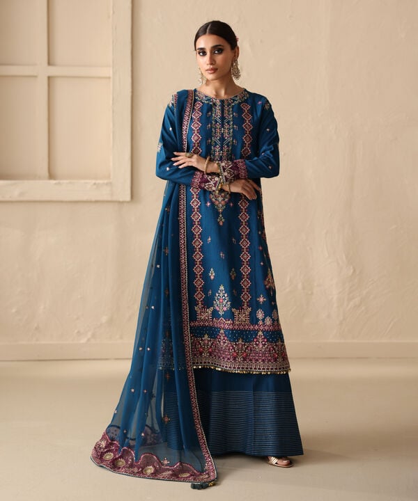 3 Piece - Embroidered Raw Silk Suit (Unstitched)
