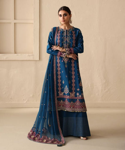 3 Piece - Embroidered Raw Silk Suit (Unstitched)