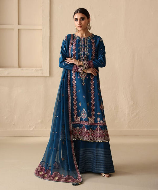 3 Piece - Embroidered Raw Silk Suit (Unstitched)