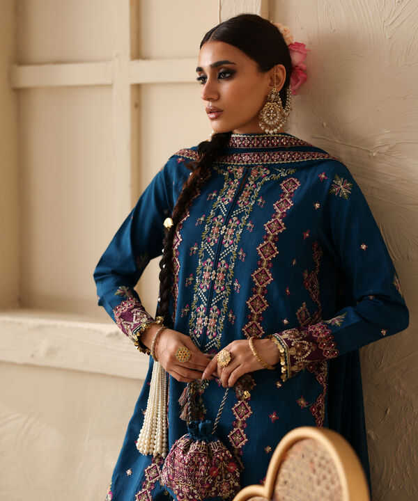 3 Piece - Embroidered Raw Silk Suit (Unstitched)