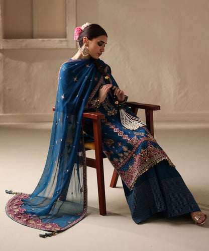 3 Piece - Embroidered Raw Silk Suit (Unstitched)