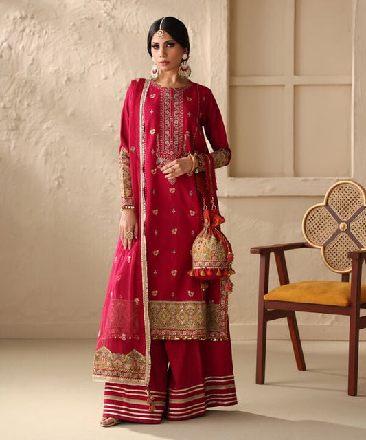 3 Piece - Embroidered Raw Silk Suit (Unstitched)