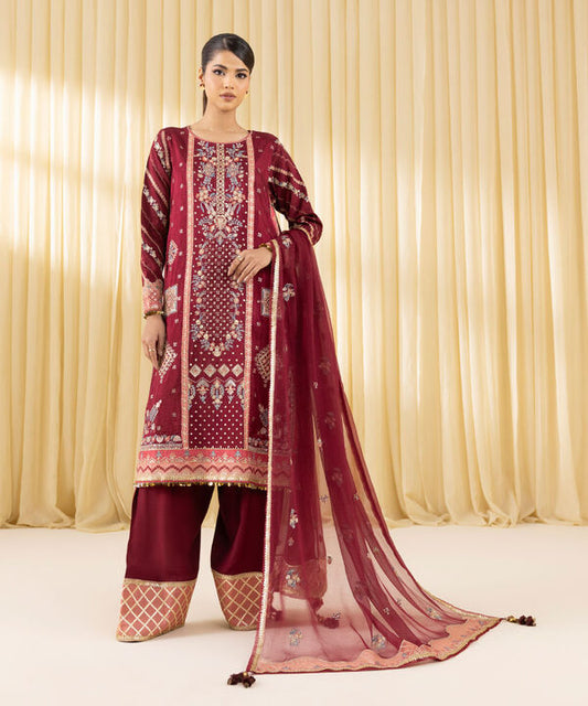 3 Piece - Embroidered Raw Silk Suit (Unstitched)