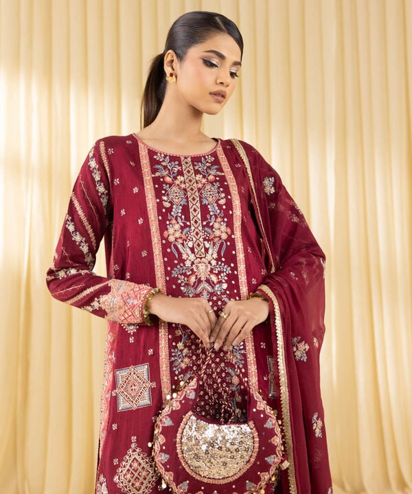 3 Piece - Embroidered Raw Silk Suit (Unstitched)