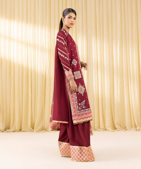 3 Piece - Embroidered Raw Silk Suit (Unstitched)