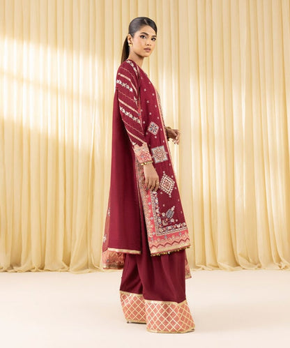 3 Piece - Embroidered Raw Silk Suit (Unstitched)