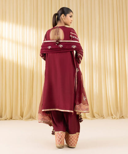 3 Piece - Embroidered Raw Silk Suit (Unstitched)