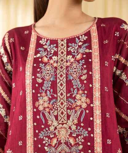 3 Piece - Embroidered Raw Silk Suit (Unstitched)