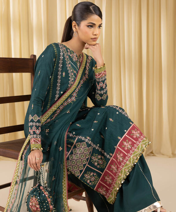 3 Piece - Embroidered Raw Silk Suit (Unstitched)