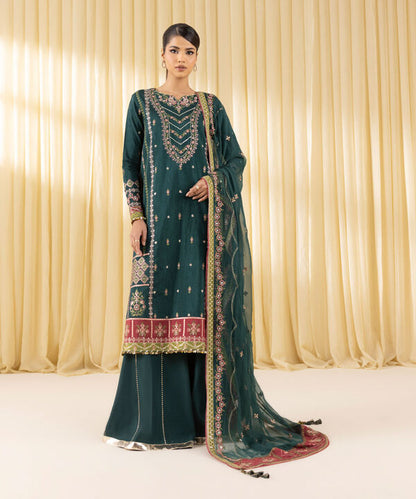 3 Piece - Embroidered Raw Silk Suit (Unstitched)