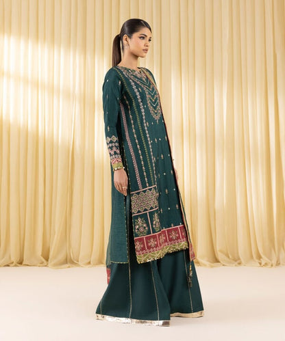 3 Piece - Embroidered Raw Silk Suit (Unstitched)